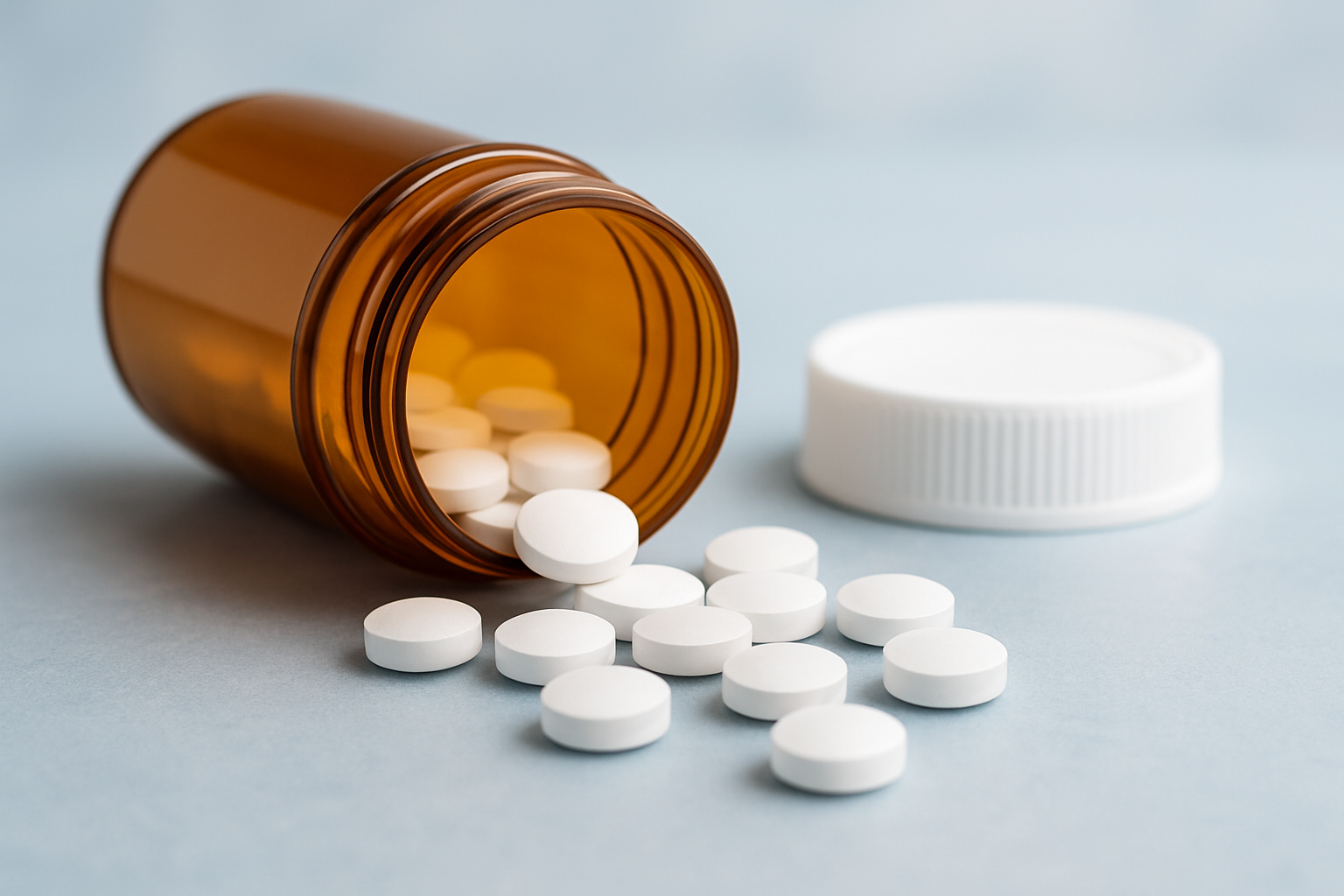 An amber pill bottle tipped over, spilling round white tablets on a blue surface.