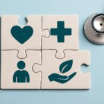 Puzzle pieces representing health concepts with a stethoscope in the background