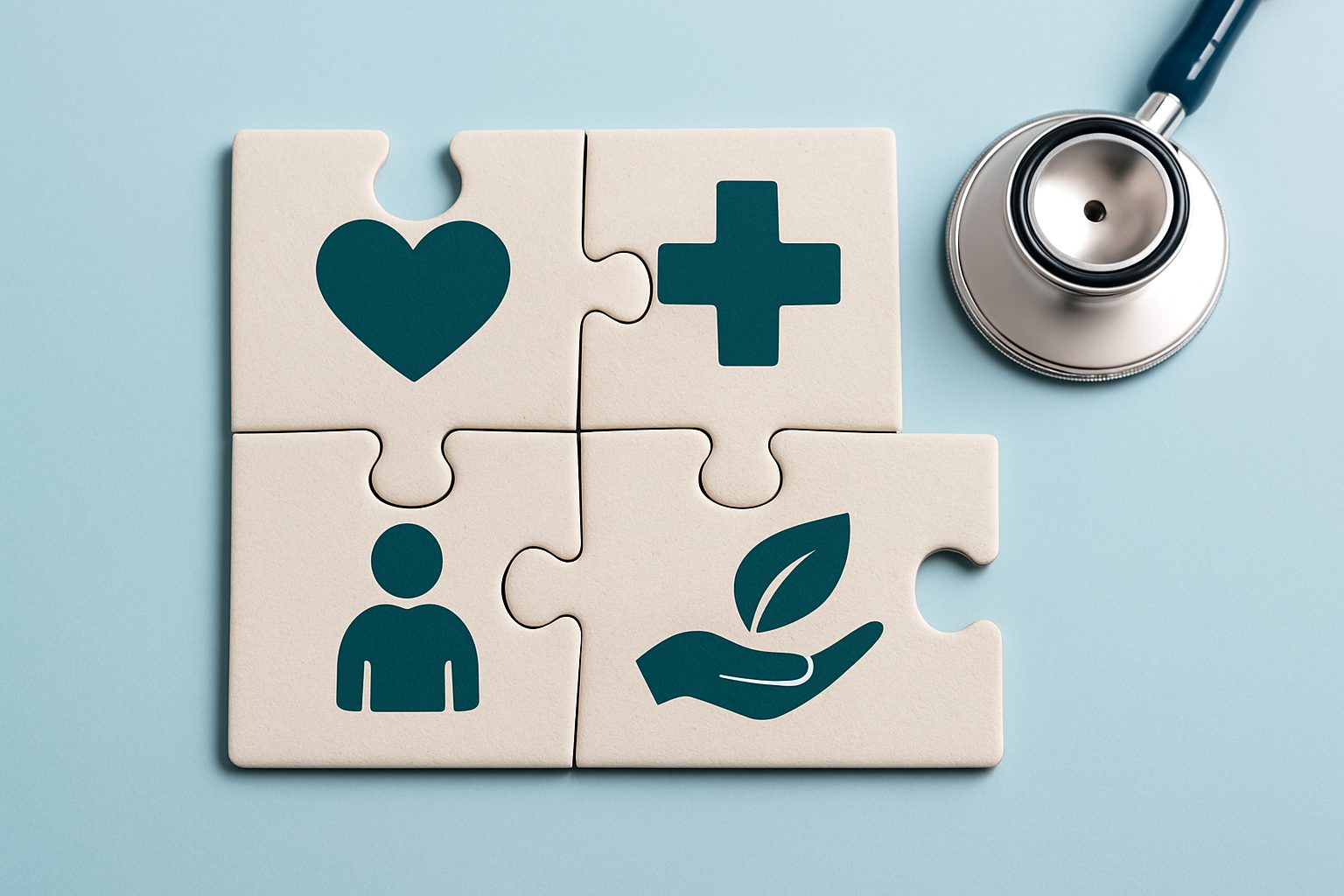 Puzzle pieces representing health concepts with a stethoscope in the background