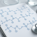 Papers with chemical structures and a stethoscope on a desk