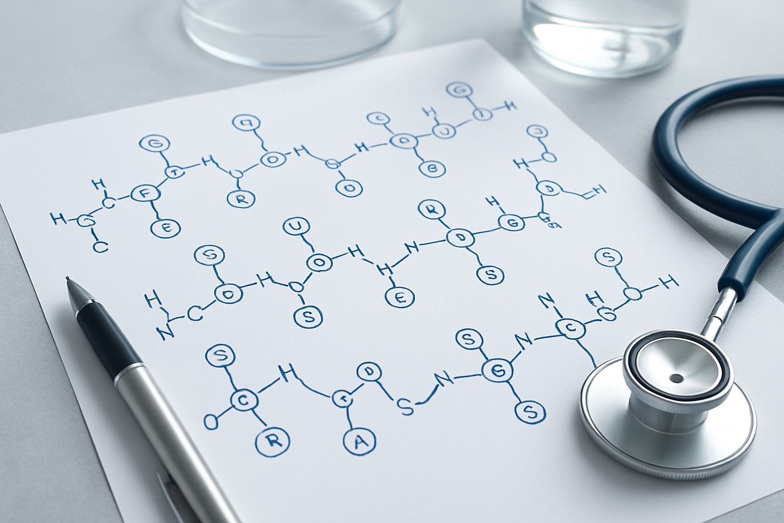 Papers with chemical structures and a stethoscope on a desk